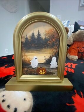 Halloween Ghost & Jack-O'-Lantern Framed Art - Gold Frame